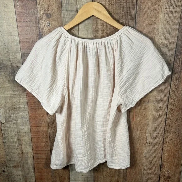 Old Navy Gauze Embroidered Tunic Top Large Short Sleeve Boho Peasant Neutral - Picture 7 of 7